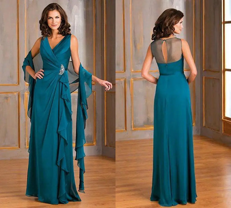 New Peacock Blue Mother Of The Bride Dresses V Neck Chiffon Crystal Ruffle Plus Wedding Guests Mother's Evening Gowns With Shawl