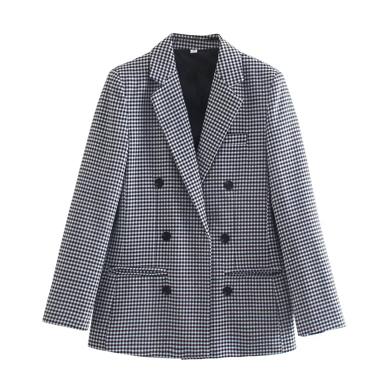 KPYTOMOA Women Fashion Office Wear Double Breasted Check Blazers Coat Vintage Long Sleeve Pockets Female Outerwear Chic Tops