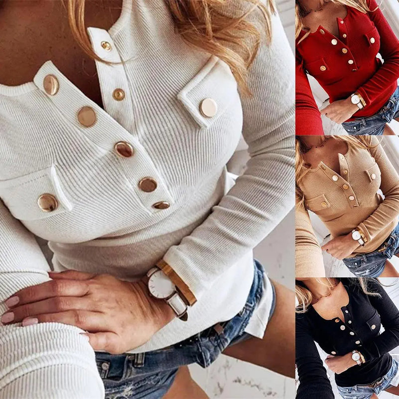 2020 Spring Autumn  Fashion Sexy Women Long Sleeve Solid Color Button-s Ribbed Slim  Low-cut Blouse M-5XL woman cloth