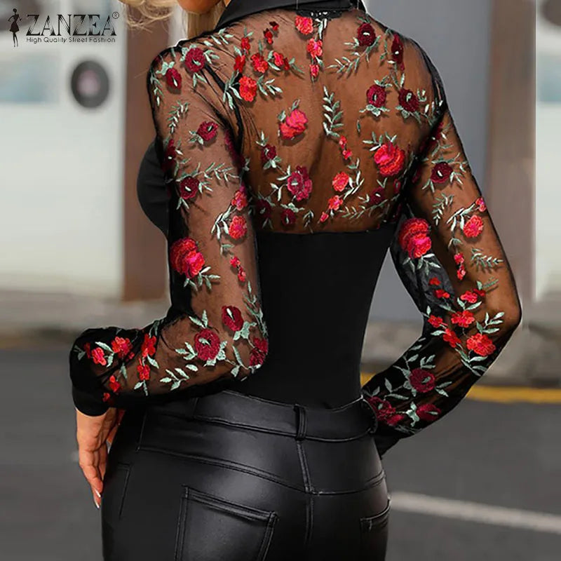 2023 ZANZEA Sexy Transparent Tops Women's Lace Patchwork Blouse Summer Casual Long Sleeve Mesh Blusas Female Lapel Top