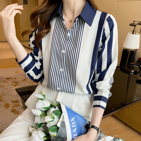 Women's Shirt Blue Striped Blouses for Women Long Sleeve Top Women Button Up Polo Neck Clothes Female 2022 Fashion Leisure Shirt