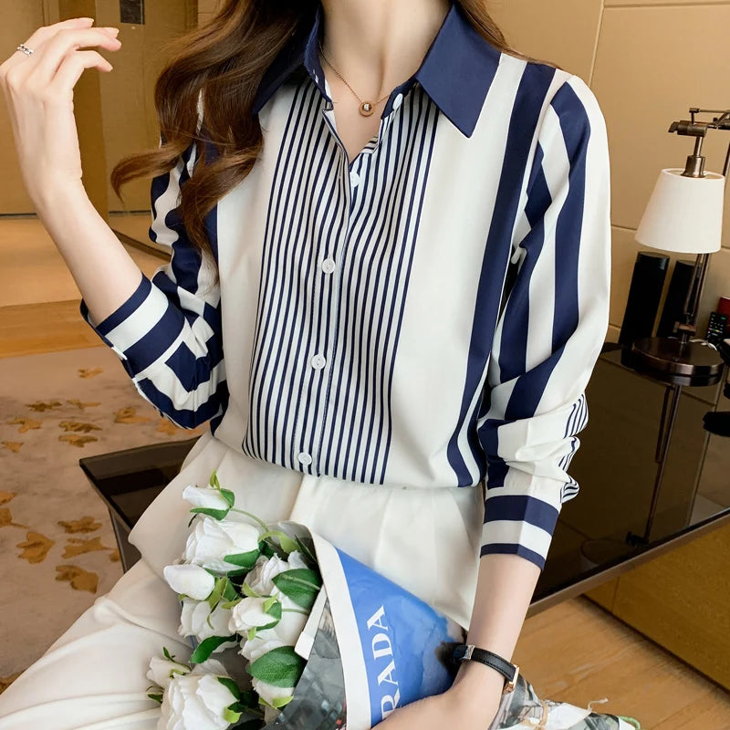 Women's Shirt Blue Striped Blouses for Women Long Sleeve Top Women Button Up Polo Neck Clothes Female 2022 Fashion Leisure Shirt