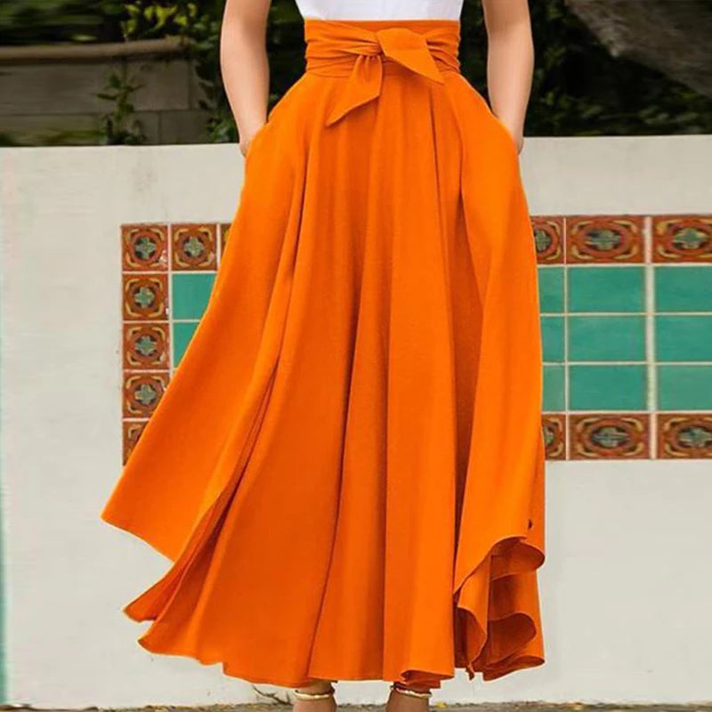 Women's Solid Color High Waist A Line Skirt Fashion Slim Waist Bow Belt Flared Pleated Long Red Orange Yellow Gypsy Maxi Skirt