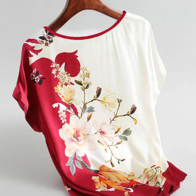 Fashion Floral Print Blouse Pullover Ladies Silk Satin Plus Size Batwing Sleeve Vintage T-shirt Casual Short Sleeve Tops