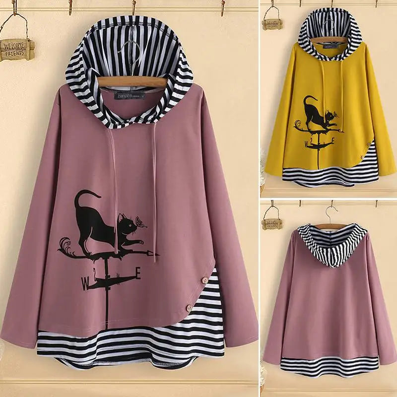 ZANZEA Striped Patchwork Shirts Sping Cat Cartoon Print Tunic Tops Women Hooded Long Sleeve Party Blouse Female Blusas