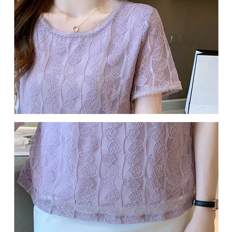 Summer Women Blouse Short Sleeve O-Neck Hollow Lace Blouse Shirt Blouse Women Blusas Mujer De Moda 2023 Blouses Top Femme E953