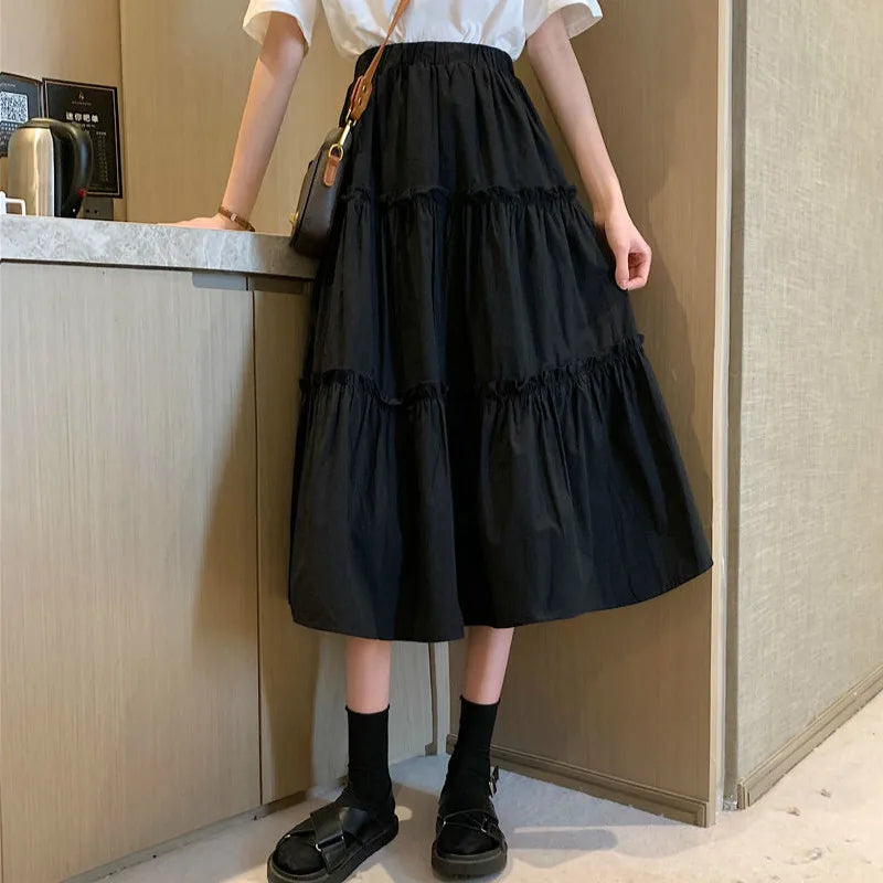 Skirts Women Solid Fungus Elastic Waist Loose Ruched Midi Skirt Student Harajuku Simple Fashion Casual Ins Kawaii Japanese Daily