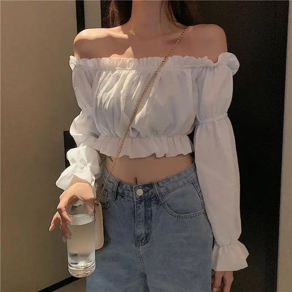 Sexy Slash Neck Blouse for Women, Fashionable Puff Sleeve, Short Top, Female Black, White Slim Shirts, Vintage Solid Tops