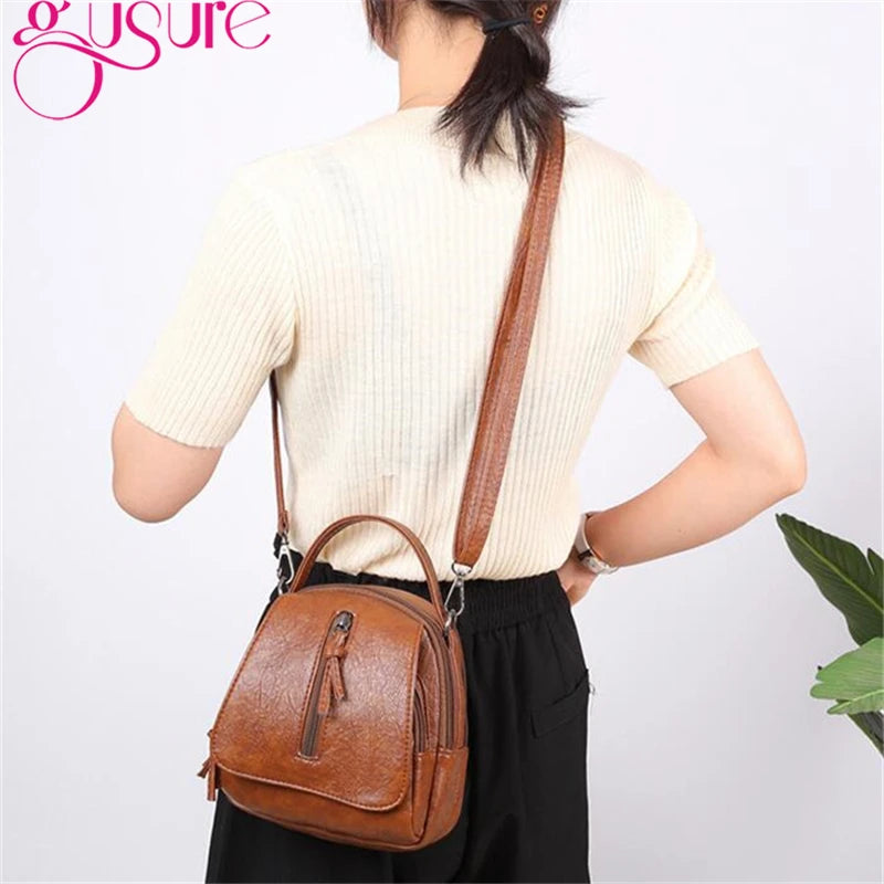 Gusure Vintage Soft Leather Shoulder Bags for Women Multi-compartment Female Handbags Small Crossbody Tote Zipper Bags