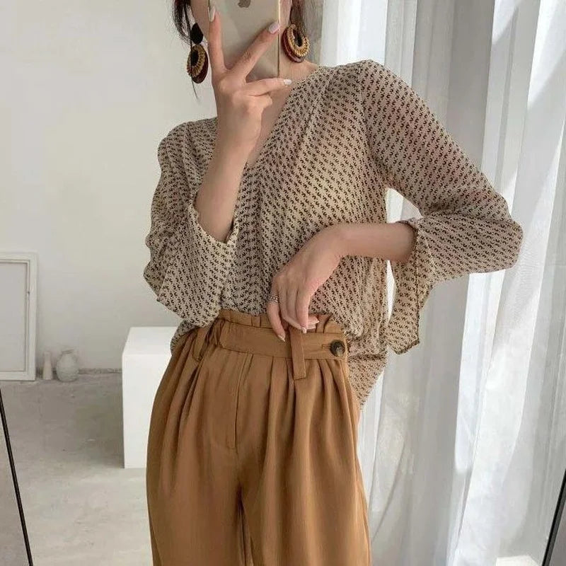 Women Blouses V-neck Printing Long Sleeve Loose Shirts Sun Protection Office Lady Gentle Elegant Chiffon Tops Lazy Blusas Female