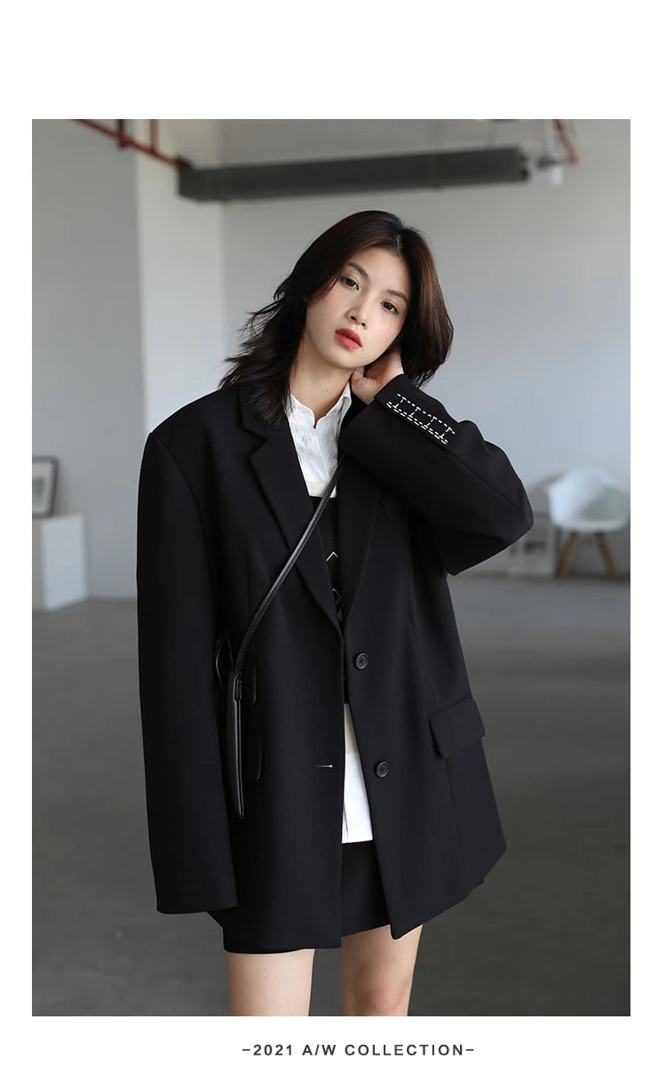 CHICVEN  Women Office Lady Blazer Cuff Embroidery Wide Shoulder Twill Suit Women's Autumn Ladies Outerwear  Stylish Tops