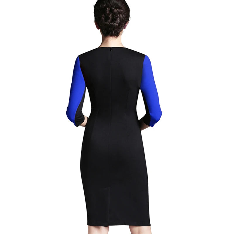Nice-forever Office Women Zipper fashion Patchwork V neck vestidos Wear to Work Formal bodycon Business Dress 837