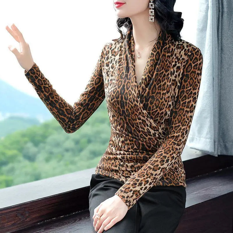 Women's Spring Autumn Style Blouses Shirt Women's Leopard V-Neck Long Sleeve Hollow Out  Sequined Korean Slim Tops DD8775