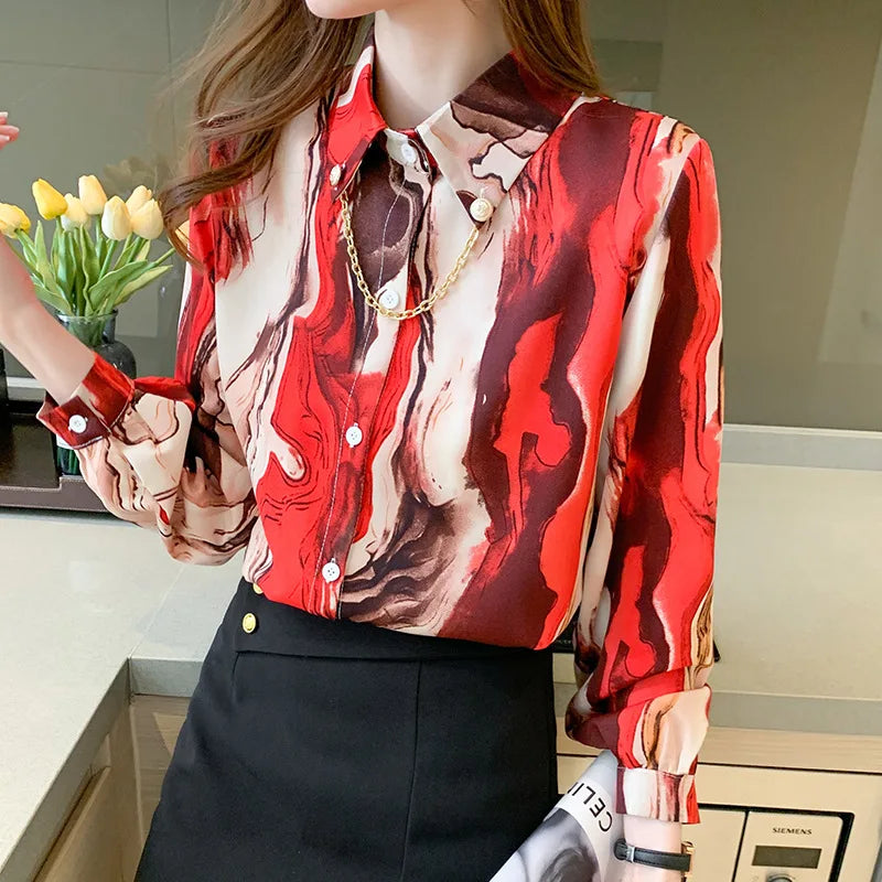 Women's Chiffon Loose Lantern Sleeve Shirt, Temperament Printed Top, Korean Fashion Blouses, New, B019, 2023