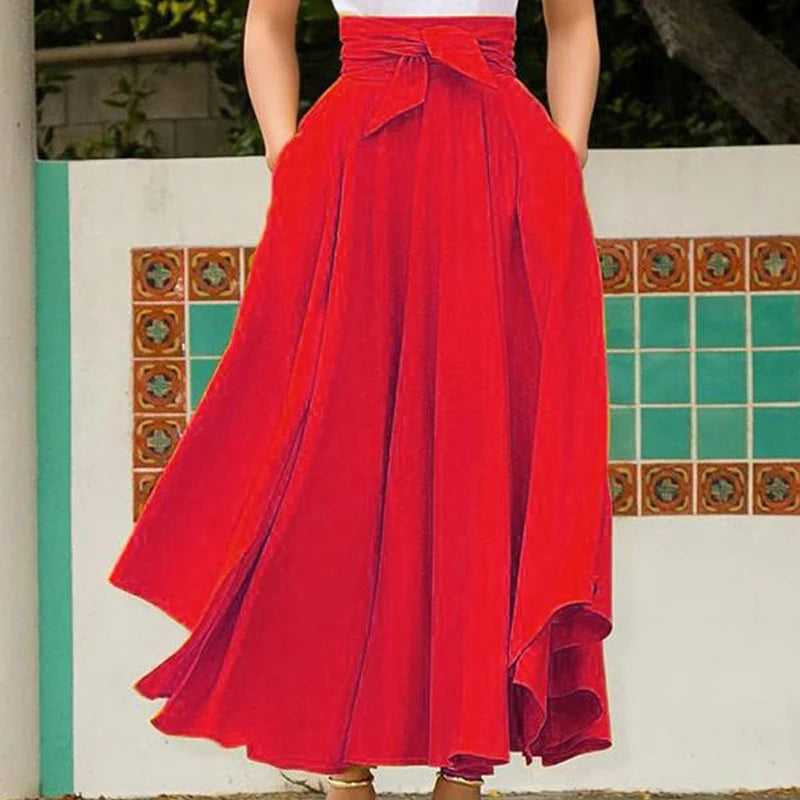 Women's Solid Color High Waist A Line Skirt Fashion Slim Waist Bow Belt Flared Pleated Long Red Orange Yellow Gypsy Maxi Skirt