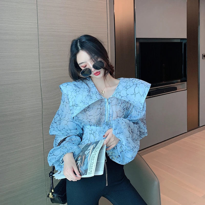 Autumn Women's Big Turn Down Collar Printing Shirt Fashion Female Lantern Sleeve Elegant Top Perspective Zipper Blouses Shirts