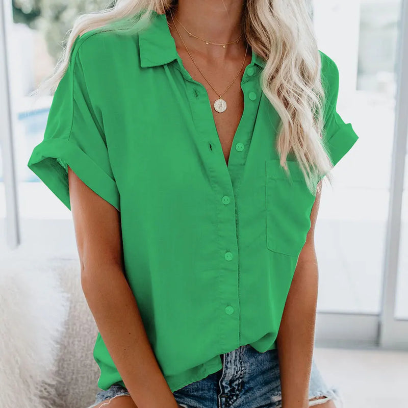 Gentillove Summer Office Lady Solid Tops and Blouses Casual Turn-drow Collar Shirt for Women Elegant Short Sleeve Loose Blouse