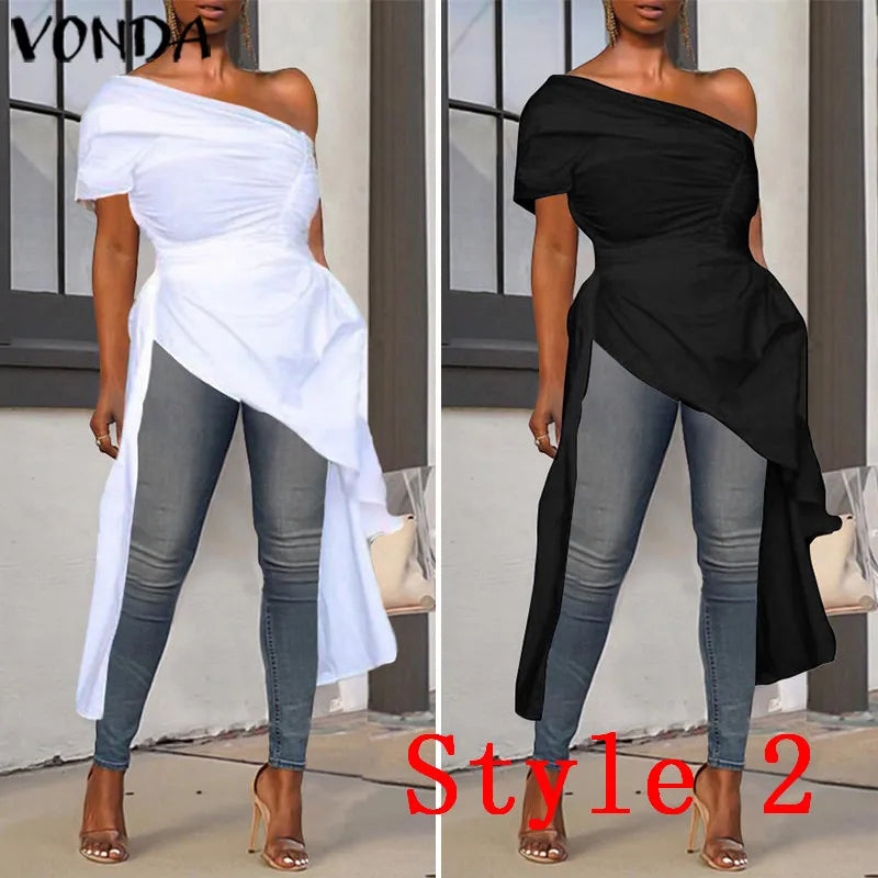 VONDA Women Asymmetrical Blouse 2023 Summer Casual Sexy Split Hem Party Tops Long Ladies Office Shirts Tunic Blusas