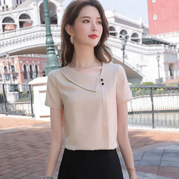 Women Spring Summer Style Chiffon Blouses Shirts Lady Casual Asymmetrical Collar Short Sleeve Chiffon Blusas Tops DF4028