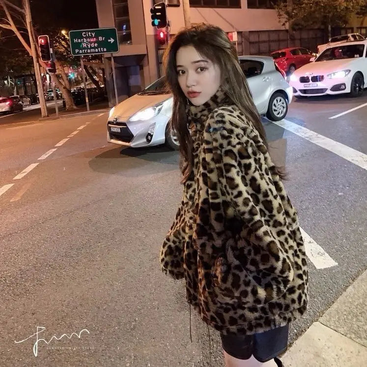 Winter Leopard Print Jacket Women's Stand collar Warm Parkas Outwear 2024 New Autumn Winter Korean Female Loose Faux Fur Coats