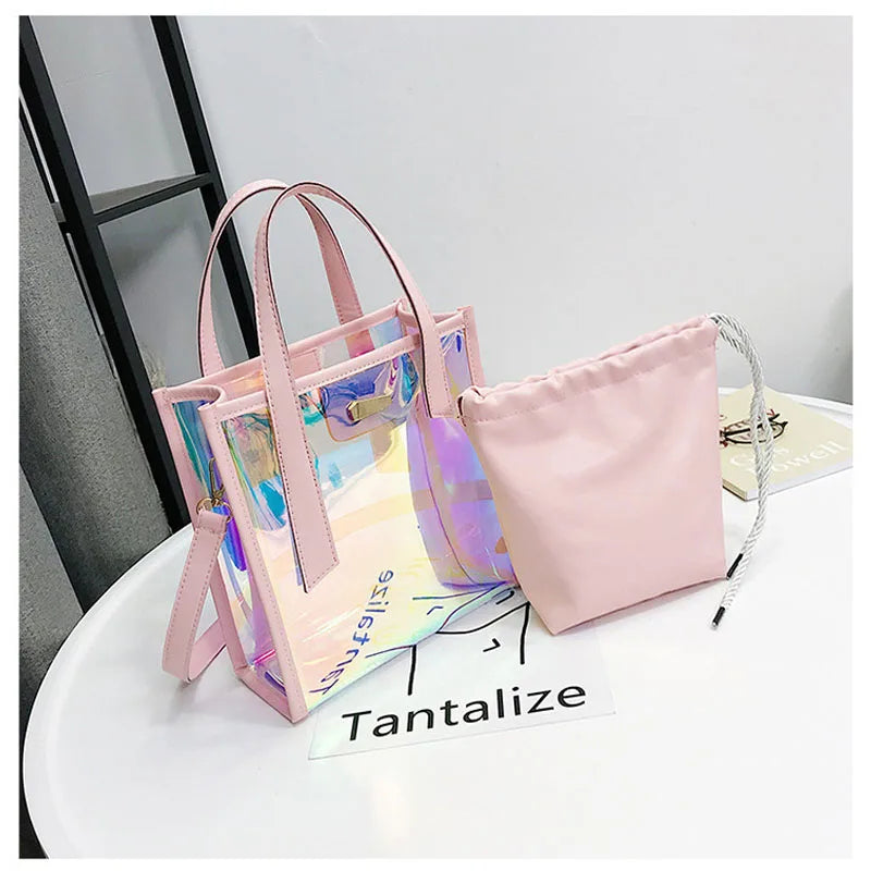 2023 New Summer transparent bag fashion ladies handbag 2 pcs Messenger Crossbody pack PVC Big Beach Shoulder bags for women