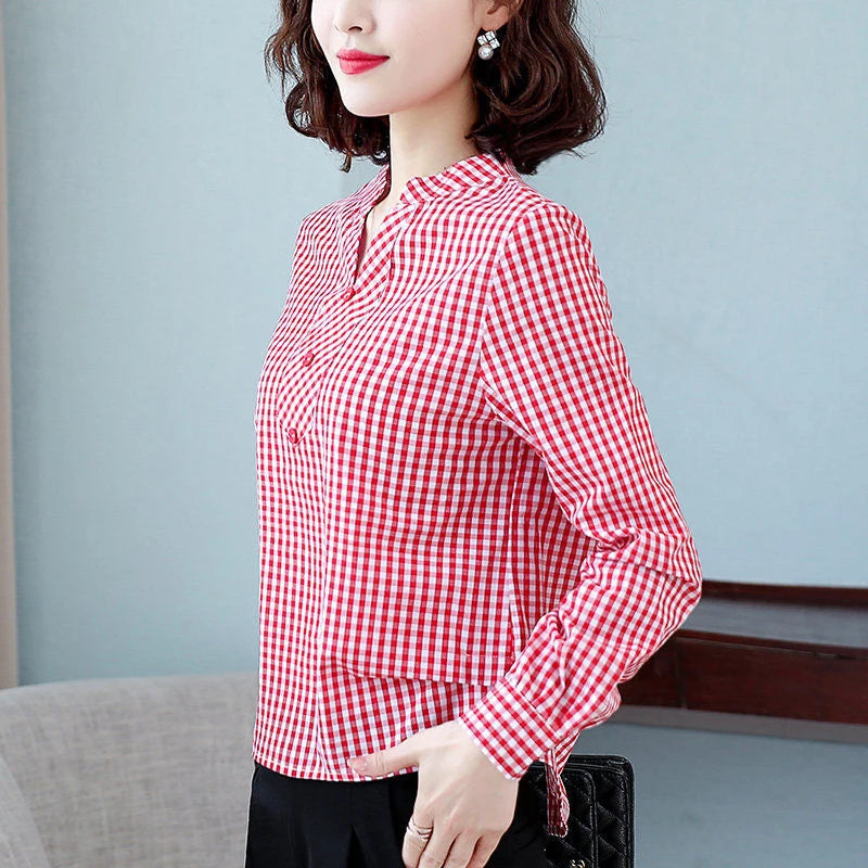 Women's Spring Autumn Style Cotton Blouses Shirt Women's Plaid V-Neck Button Long Sleeve Korean Loose Tops DD9099