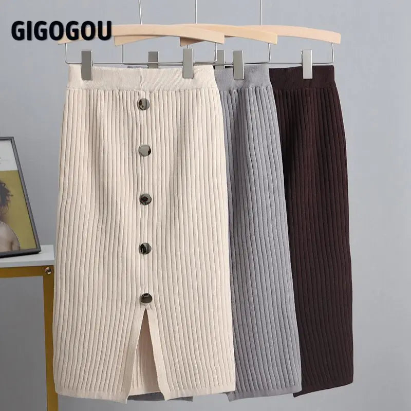 GIGOGOU Women Knitted Skirt Spring Autun Button Sexy Slim Bodycon Skirts Elastic High Waist Pencil Skirt Ribbed Long MIDI Skirt