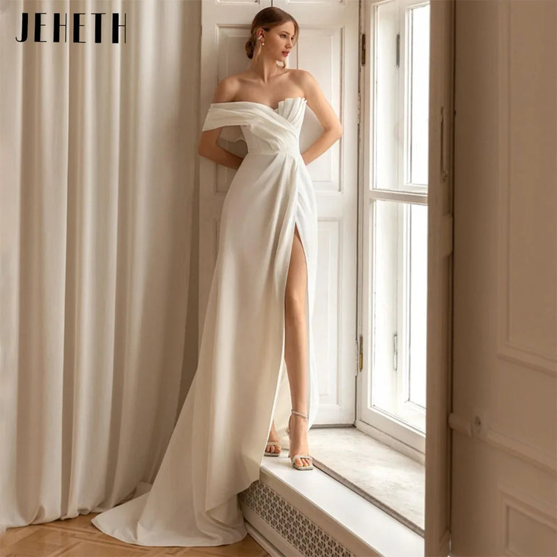 JEHETH High Split Wedding Dresses Women One Shoulder Sexy Backless Bride Gown Satin Simple Charming Vestido De Novia Sweep Train