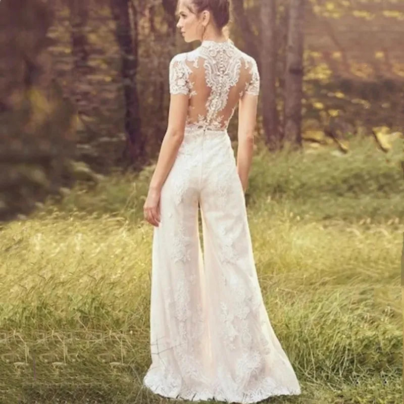 Elegant Jumpsuit Wedding Dresses For Women 2024 Lace Applique Short Sleeve O-Neck Vestidos De Novia Illusion Back Bridal Gowns