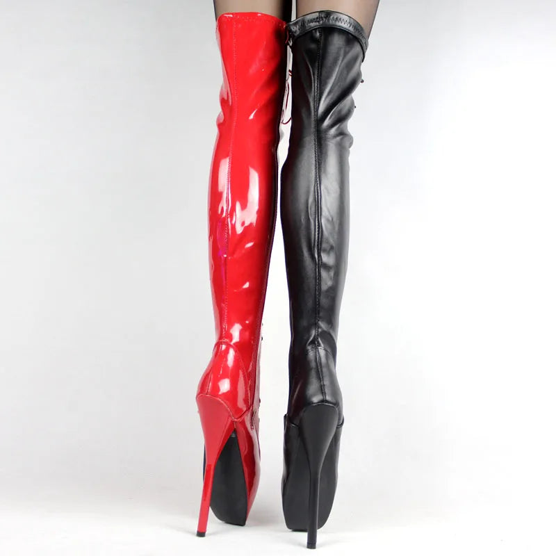 jialuowei Extreme Fetish 18cm/7" high heel Gothic Punk Drag Queen Cross-tied over knee Thigh long ballet boots Plus size 36-46