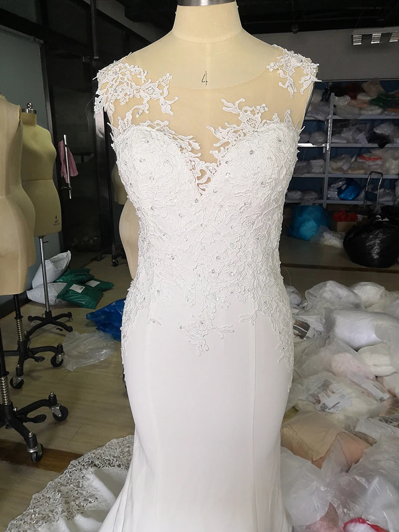 LORIE Sexy Mermaid Wedding Dress Sleeveless Lace Appliqued Illusion Back Boho Wedding Gown Long Train Bride Dress