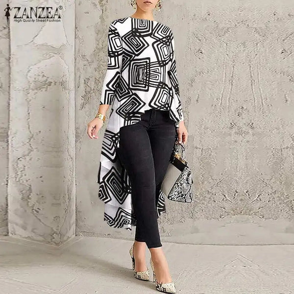 Women Casual Long Sleeve Blusa Irregular Blouse 2023 ZANZEA Elegant Geometric Printed Tops Female O Neck Tunic  Chemise