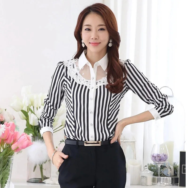 Lace Sheer Mesh Patchwork Office Elegant Chic Blouse White Black Striped Shirt Oversized Button Up Shirts Ladies Tops Women C454