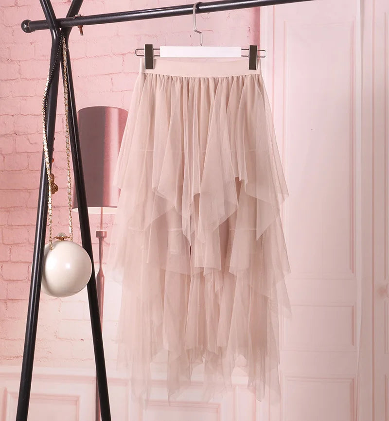 1pcs/lot Women irregular Tulle Skirts Fashion Elastic High Waist Mesh Tutu Skirt Pleated Long Skirts (good)