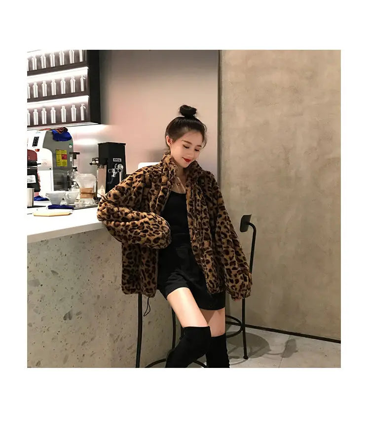 Winter Leopard Print Jacket Women's Stand collar Warm Parkas Outwear 2024 New Autumn Winter Korean Female Loose Faux Fur Coats