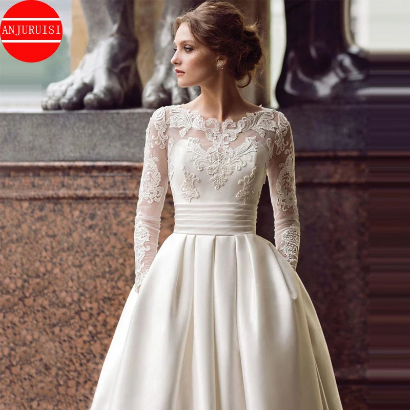 Vestidos De Novia Long Sleeves Wedding Dress 2020 Scoop Satin Lace Appliques A-Line Bridal Gown With Pockets Robe Mariage Boda