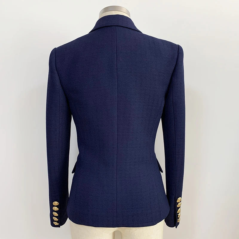 HIGH STREET Newest 2024 Classic Fashion Jacket Women's Silver Lion Buttons Double Breasted Slim Fit Textured Cotton Line Blazer