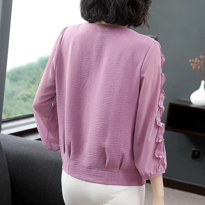 Women Spring Autumn Style Chiffon Blouses Shirts Lady Casual Loose Style Long Sleeve O-Neck Chiffon Blusas Tops DF3057