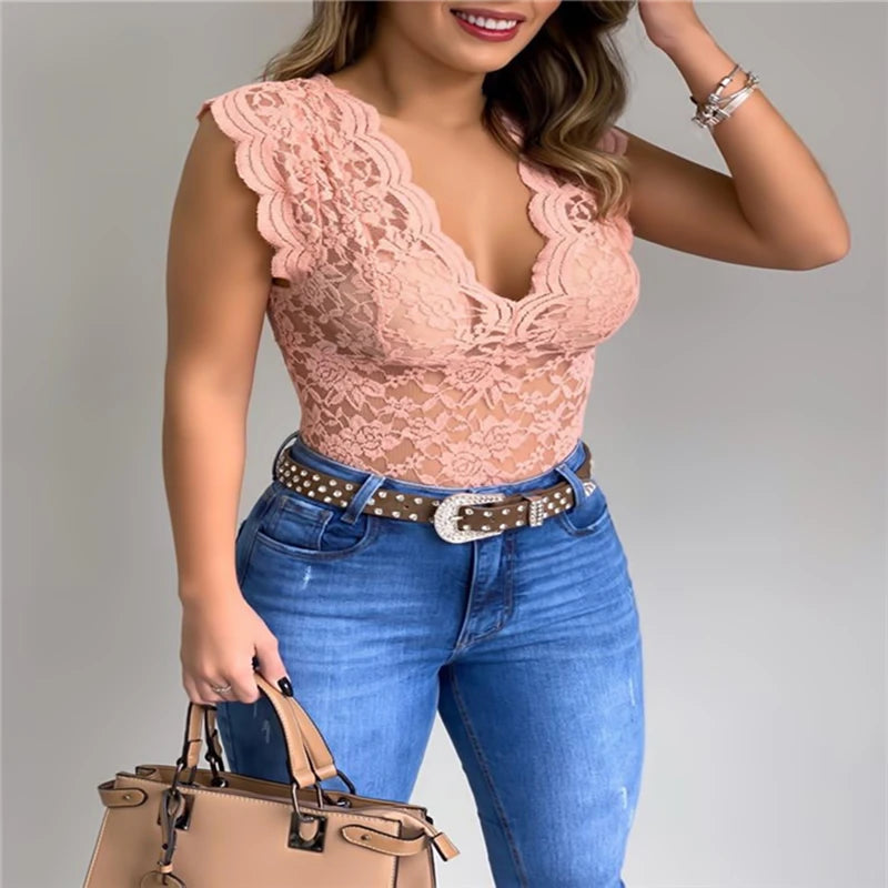 New Women Slim Tunic Lace V Neck T-shirt 2023 Sexy Elegant Summer Short Sleeve T Shirt Lace Flower Tops T-shirts