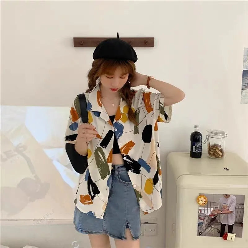 Shirts Women Panelled Geometric Single Breasted Simple Loose Streetwear Japanese Style Trendy Popular Harajuku Retro Female Ins