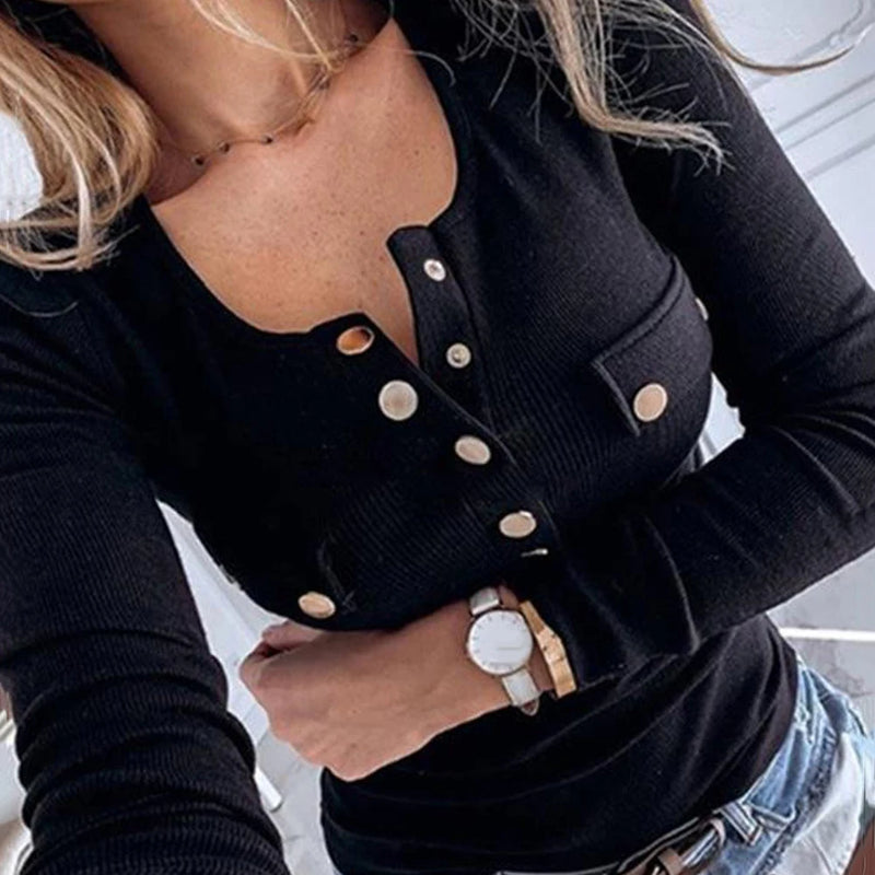 2020 Spring Autumn  Fashion Sexy Women Long Sleeve Solid Color Button-s Ribbed Slim  Low-cut Blouse M-5XL woman cloth