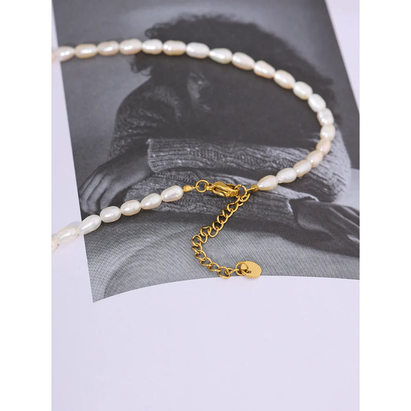 Yhpup Elegant Natural Pearl Jewelry Necklace Moon Pendant Stainless Steel Collar Waterproof Temperament for Women Bijoux