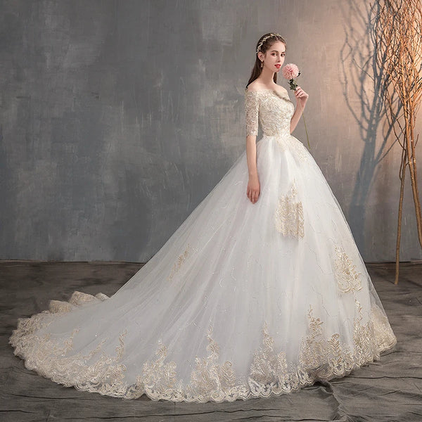 2023 New Off The Shoulder Half Sleeve Wedding Dress Bridal Gown Lace Applique Plus Size Simple Ball Gown Robe De Mariee X