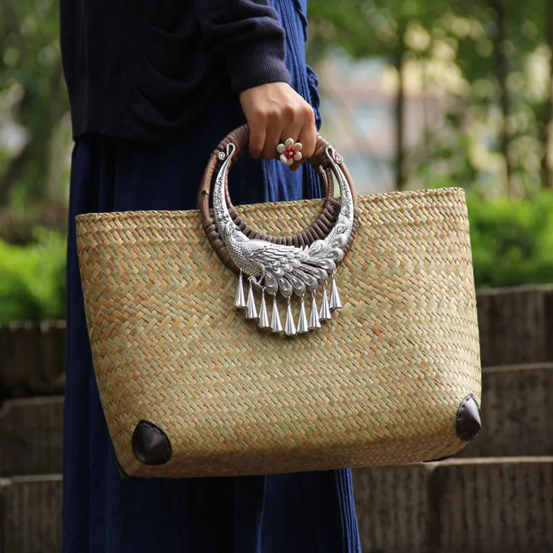 Vintage handmade rattan bag straw bag casual vacation beach handbag
