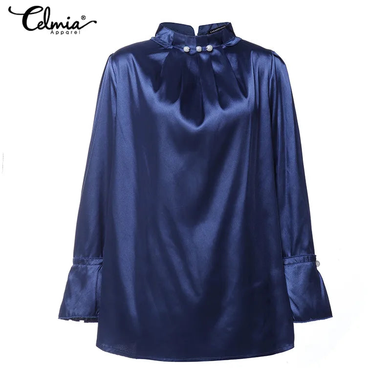 Celmia Satin Blouses Women Elegant Long Sleeve Silk Tops Pearl Stand Collar 2023 Office Lady Shirts Solid Casual Party Blusas