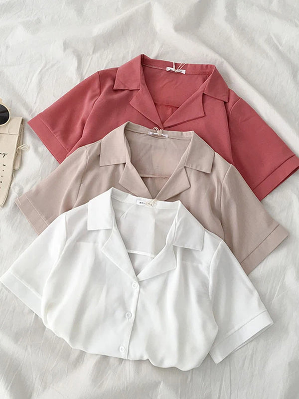 Fashion Notched Collar Chiffon Female T Shirts Single Breasted Short Sleeve Loose Solid-Color Women Blouses Summer