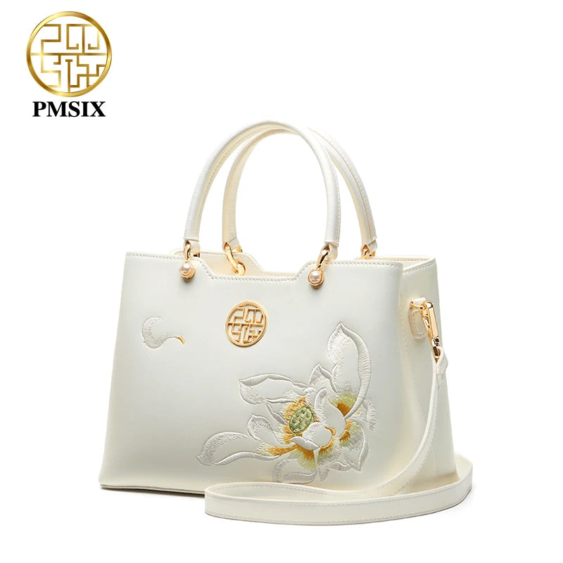 PMSIX luxury White Leather Handbags For Women  Elegant Embroidered Ladies' Designer Shoulder Bag  Simple Messenger Bags 2021