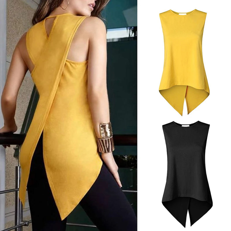 Hot apparel Tank Tops Summer Sexy Women Back Cross Irregular Solid Color Sleeveless Yellow Slim Tank Top Vest