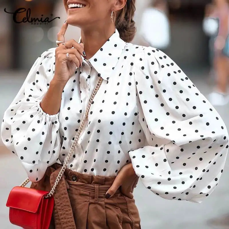 Oversized Women's Blouses Fashion Autumn Party Polka Dot Long Lantern Sleeve Lapel Shirt Celmia Elegant Tops Office Loose Blusas