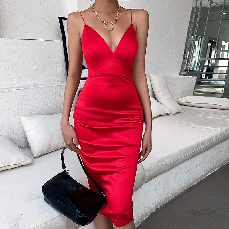 WannaThis Red Satin Deep V-Neck Summer Women Bodycon Knee-Dress sleeveless backless Elegant Party Outfits Sexy Slim Club Clothes